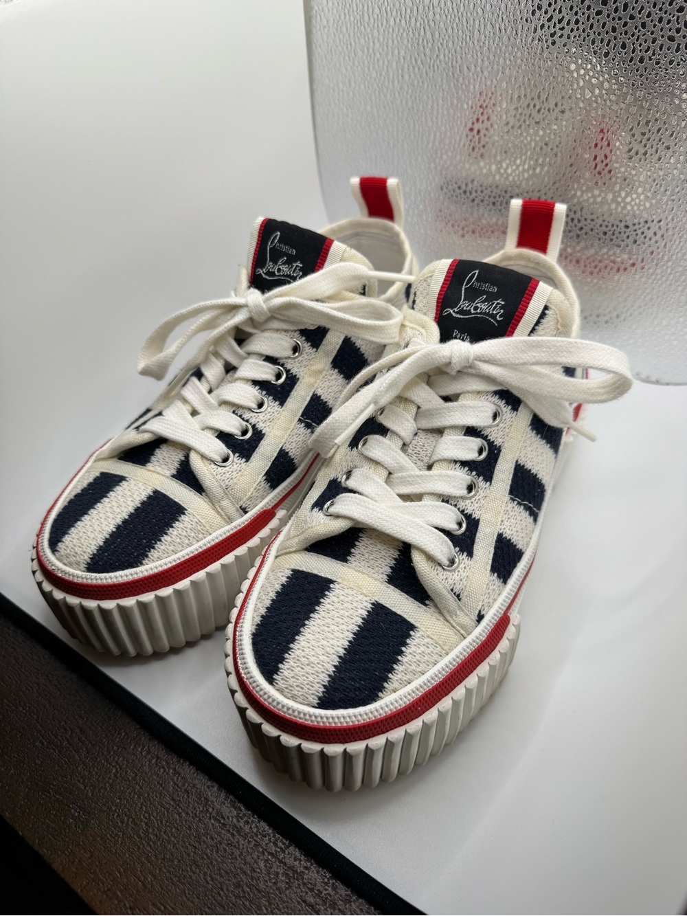Christian Louboutin Navy & White Striped Low-Top Sneakers with Red Trim